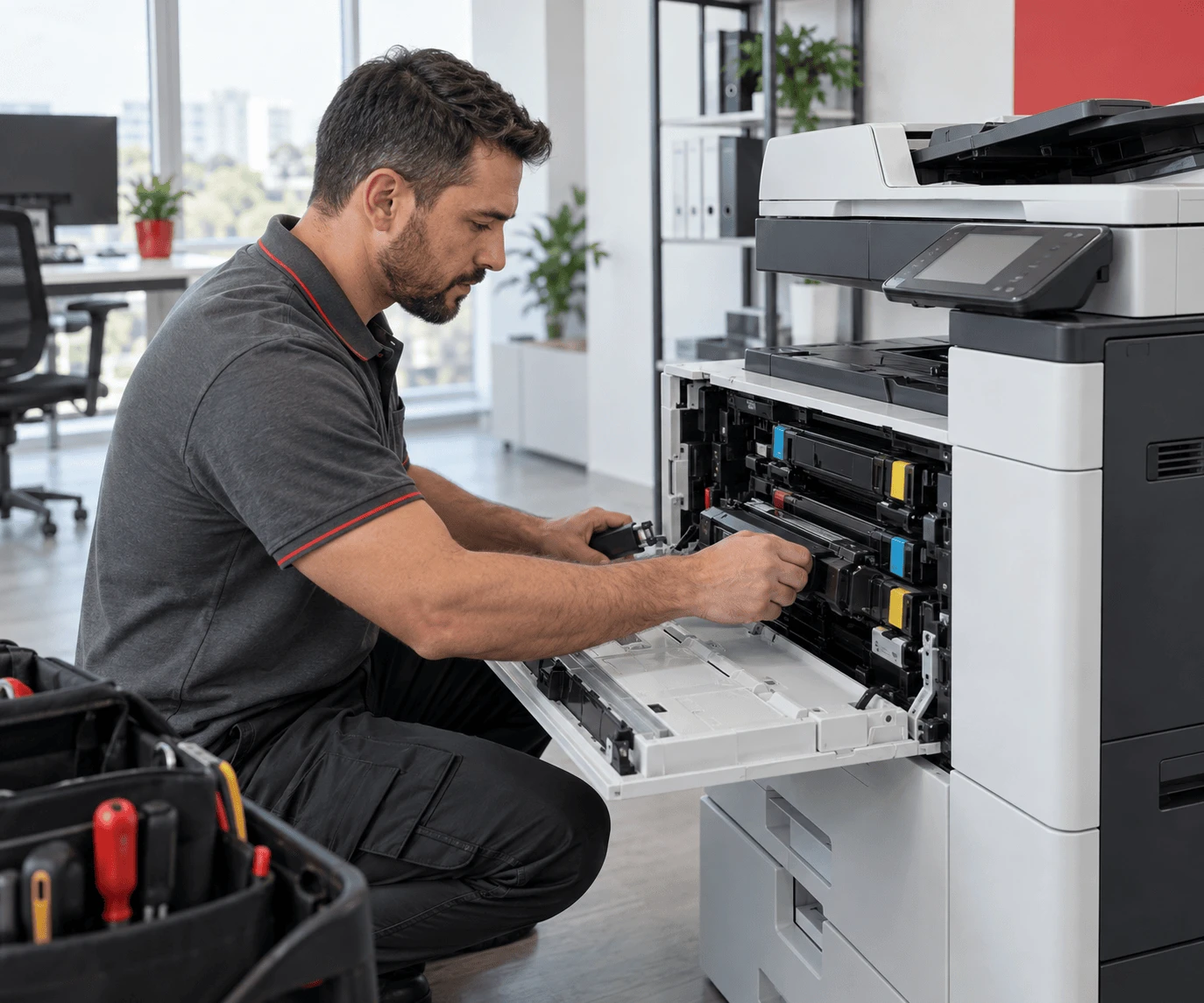 Técnico realizando manutenção em uma multifuncional